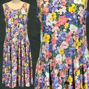 VINTAGE 80s flower garden bloom knit jumper maxi dress sleeveless drop waist M